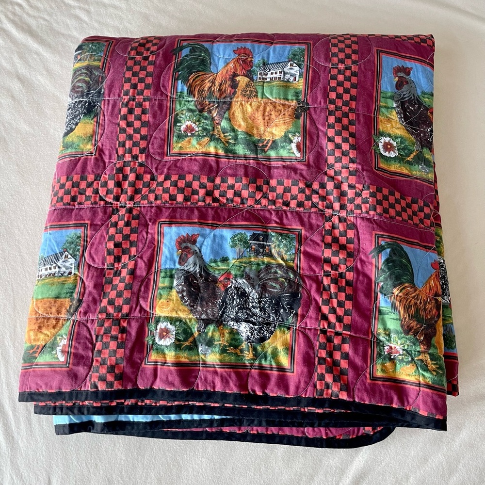Chicken Rooster Quilt with Red and Black Checkered Pattern Queen Size